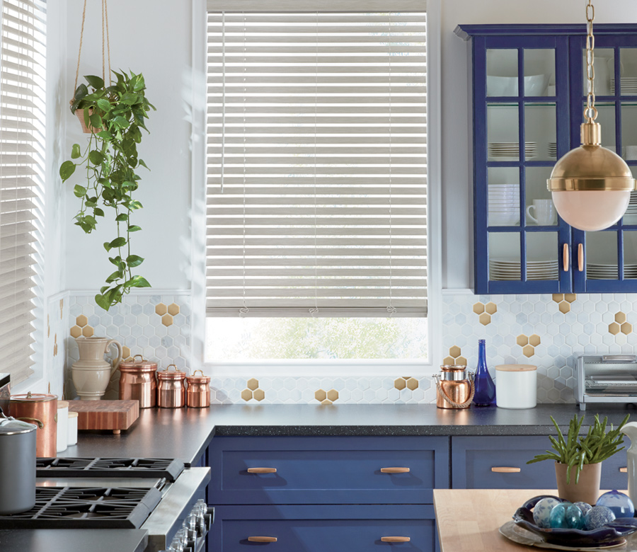 kitchen window white faux wood blinds child safe blinds Minneapolis MN