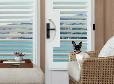white plantation shutters on french doors as Motorized shutters St Paul MN